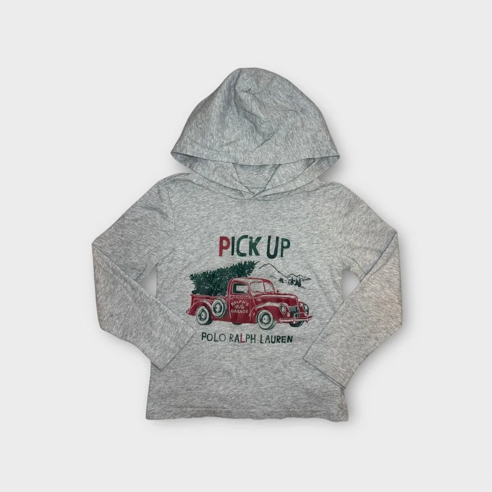 Polo Ralph Lauren Pick Up Truck Holiday Graphic Long Sleeve Gray Hoodie Shirt